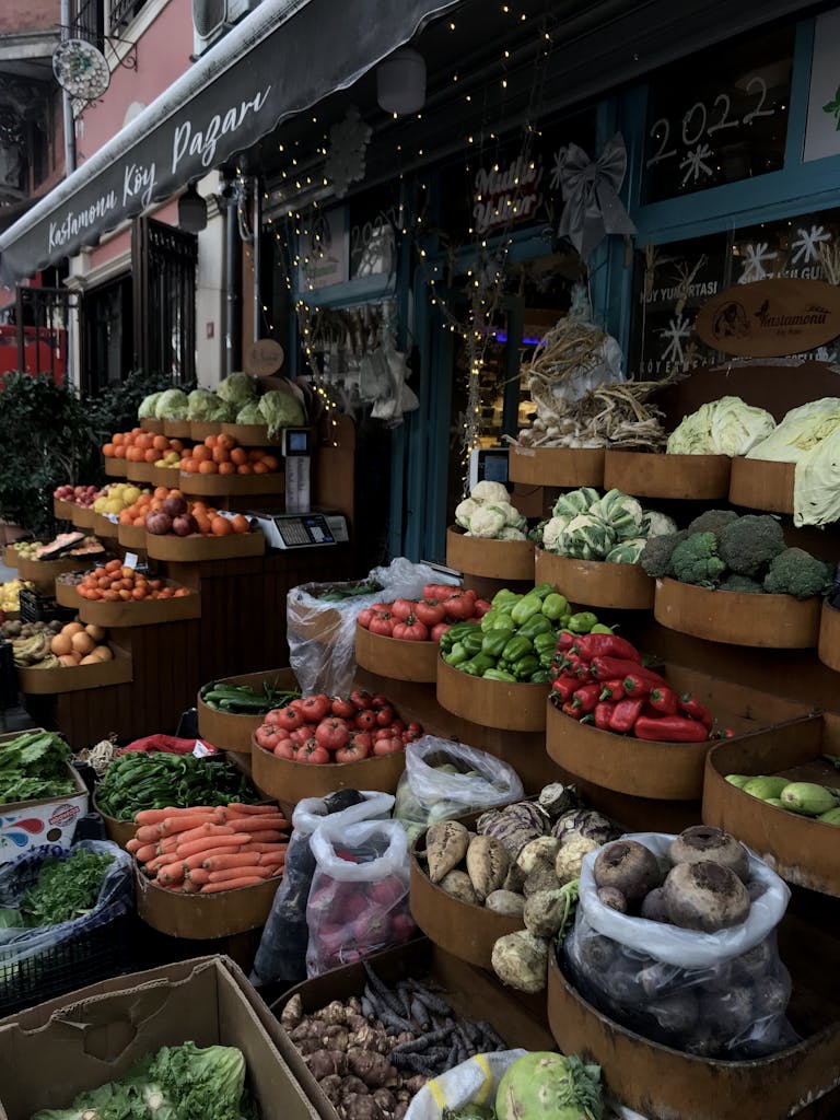 Fresh Fruit and Vegetables Displayed in Front of the Store