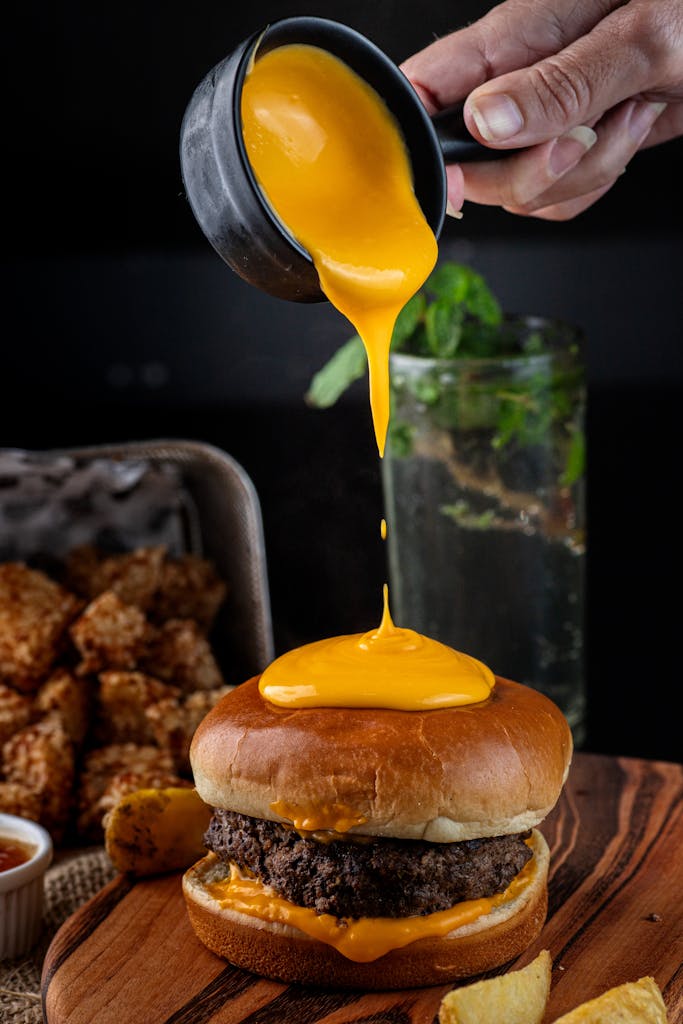 Pouring Sauce onto Tasty Hamburger