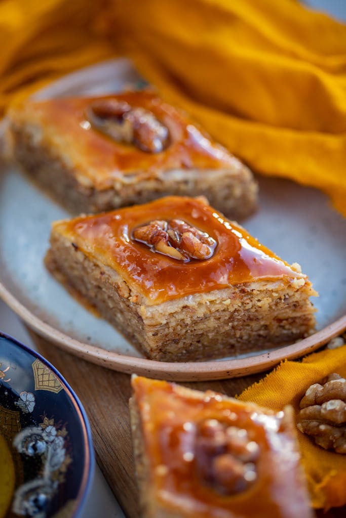Two Baklava Chunks Served on Plate