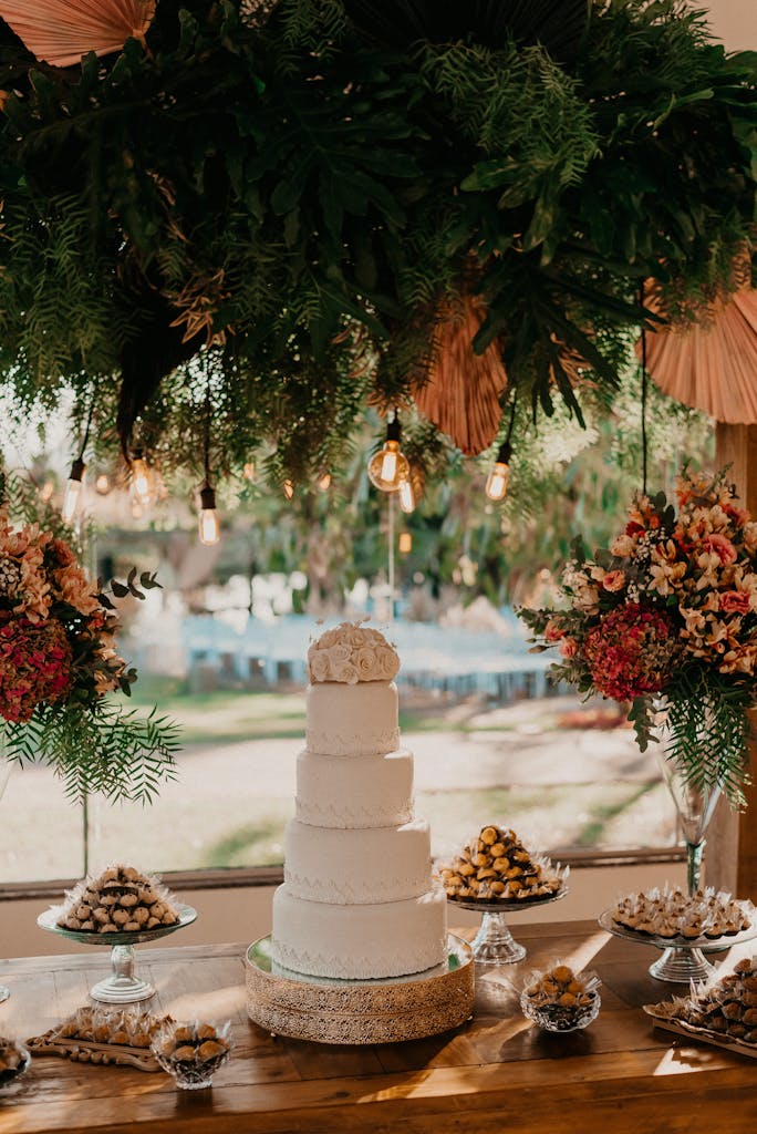 Elegant Wedding Cake Display with Floral Decor