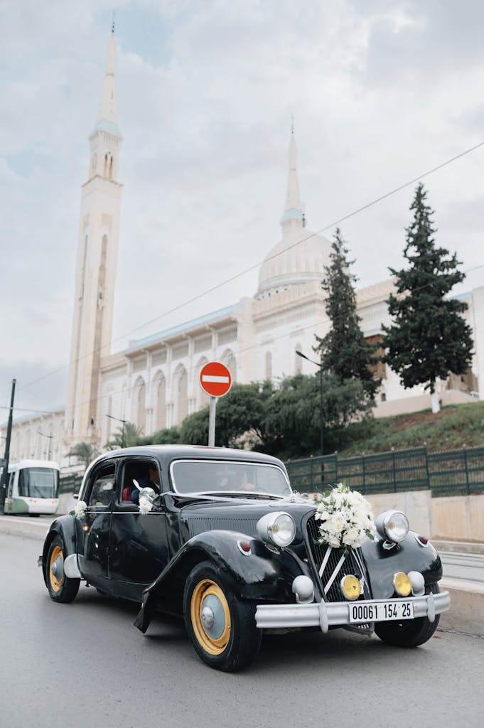 Vintage Car with a Wedding Flower Bouquet